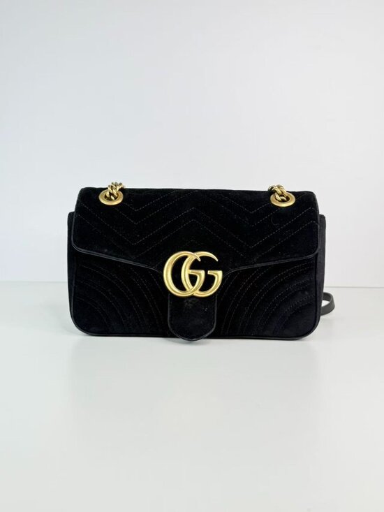 Gucci Handbags - Gucci GG Marmont Small Black Velvet Matelassé Shoulder Crossbody Chain Bag